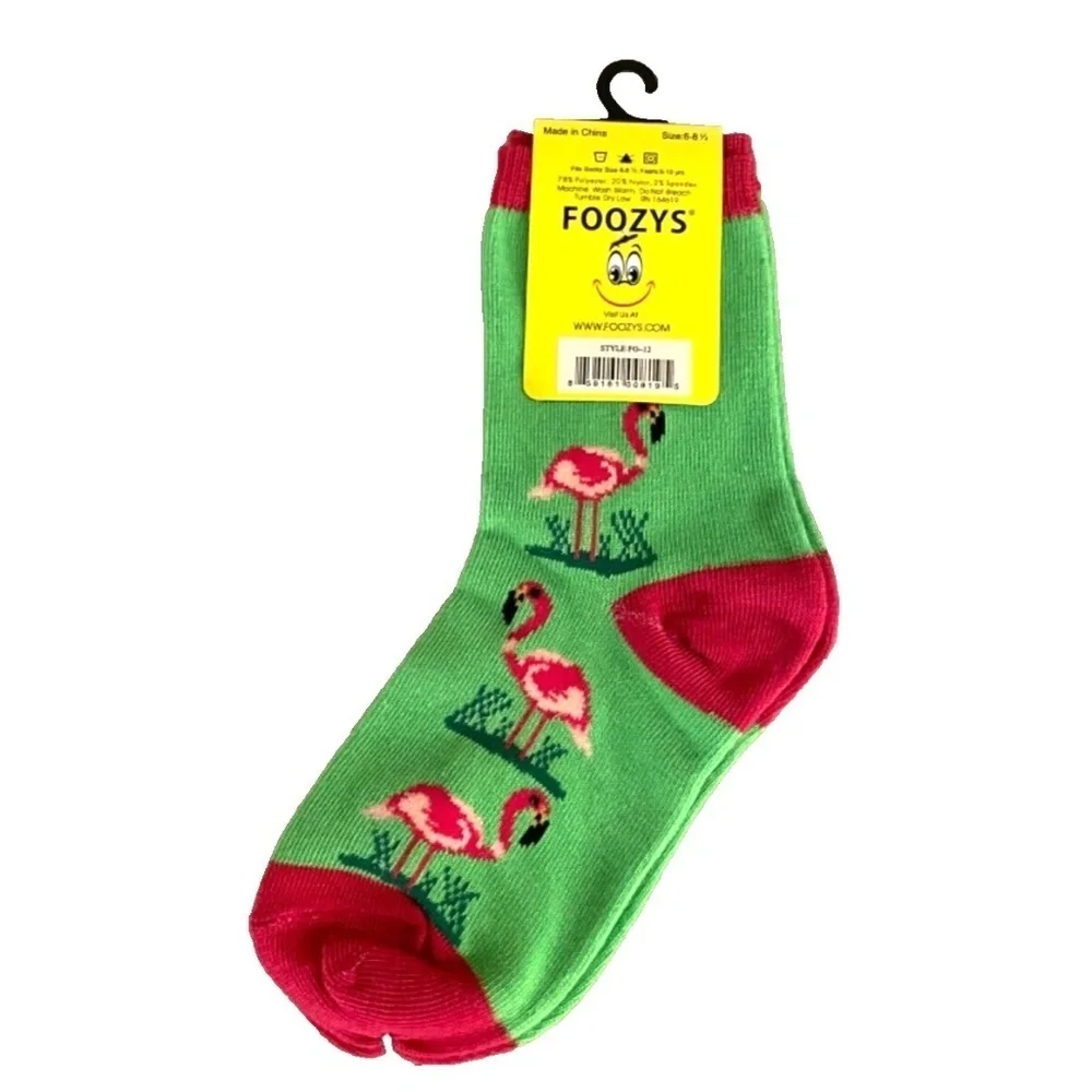 Foozys Kids Crew Socks: Flamingo;‎ Green/Pink; Kids 5-10 yrs
